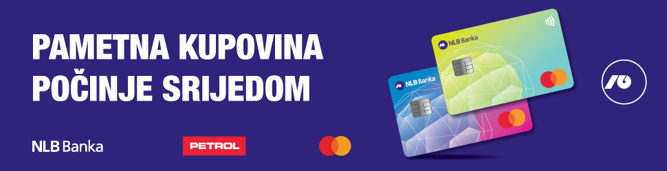 Reklamna traka sa dvije NLB Mastercard kartice u plavo-zelenim nijansama. Na lijevoj strani piše „Pametna kupovina počinje srijedom“. U dnu se nalaze logotipi NLB Banka, Petrol i Mastercard.