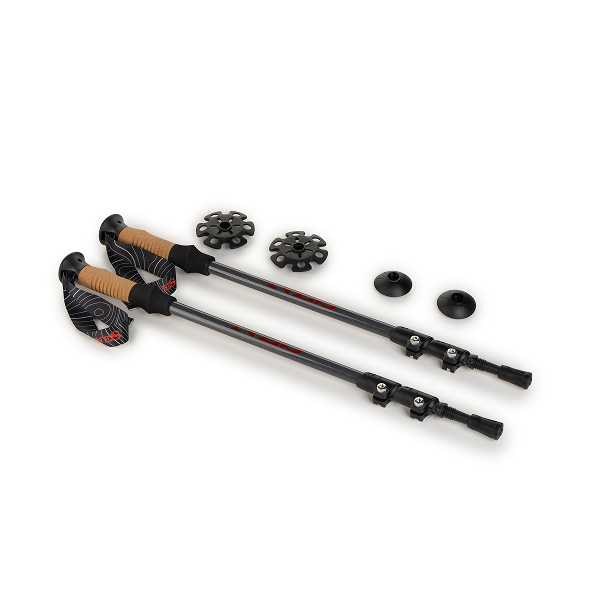 Par sklopivih planinarskih štapova s ​​plutenim ručkama i podesivim vrhovima.