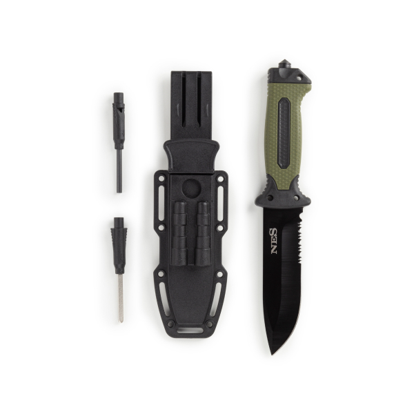 Komplet za preživljavanje s robusnim nožem, tvrdom zaštitnom futrolom i dva vatrena alata.