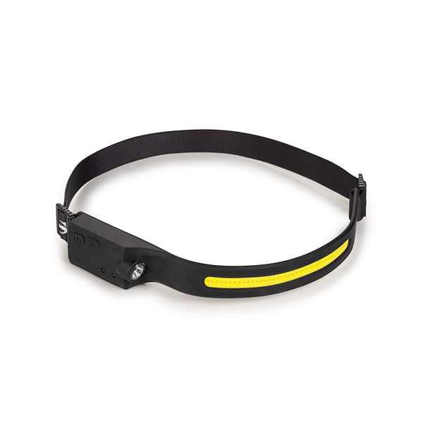 Crna naglavna lampa s podesivim remenom i žutom LED svjetlosnom linijom.