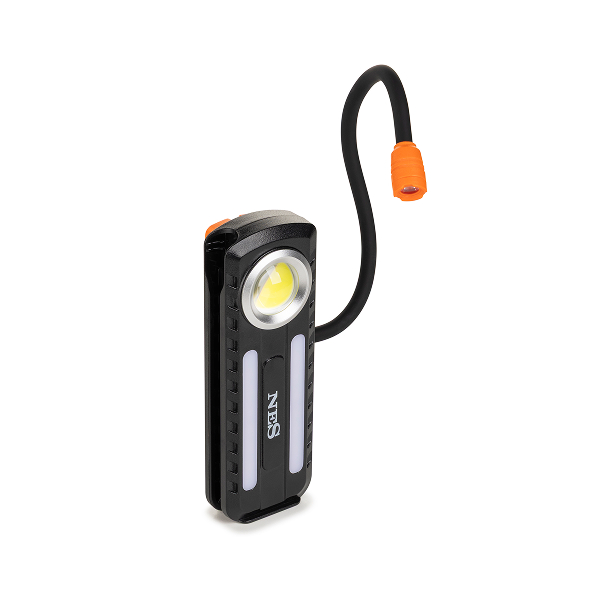 Kompaktna punjiva baterijska lampa sa fleksibilnim LED krakom i ugrađenom kopčom.