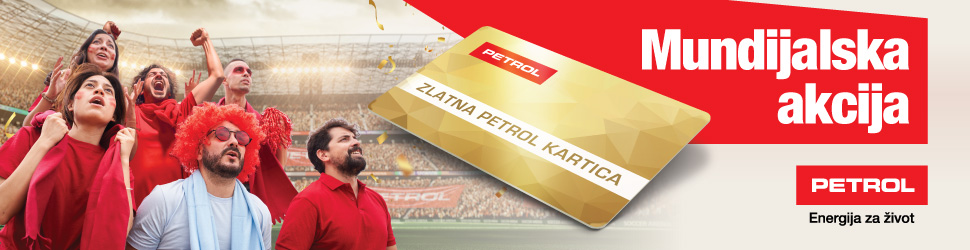 Na slici su prikazani navijači na fudbalskom stadionu koji bodre svoj tim, uz prikaz Zlatne Petrol kartice i promotivne poruke za Mundijalsku akciju.