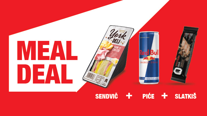 Grafički prikaz promocije „Meal Deal“ s ponudom sendviča, limenke Red Bulla i slatkiša na crvenoj pozadini.