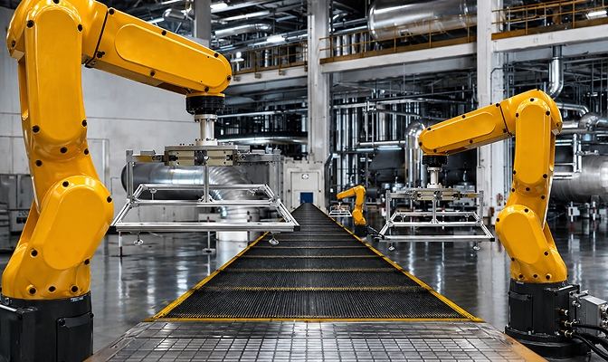 Na slici su industrijski robotski manipulatori žute boje postavljeni uz pokretnu proizvodnu traku u proizvodnom pogonu. U pozadini su vidljive metalne konstrukcije, cjevovodi i oprema industrijskog postrojenja.