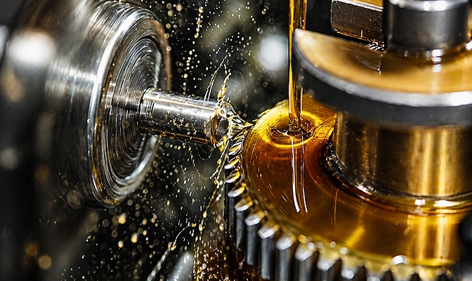 Na slici je detalj industrijske mašine sa zupčanikom i metalnim dijelovima u radu. Preko mehaničkih komponenti teče ulje, dok su oko njih vidljive kapljice tečnosti i metalne površine.