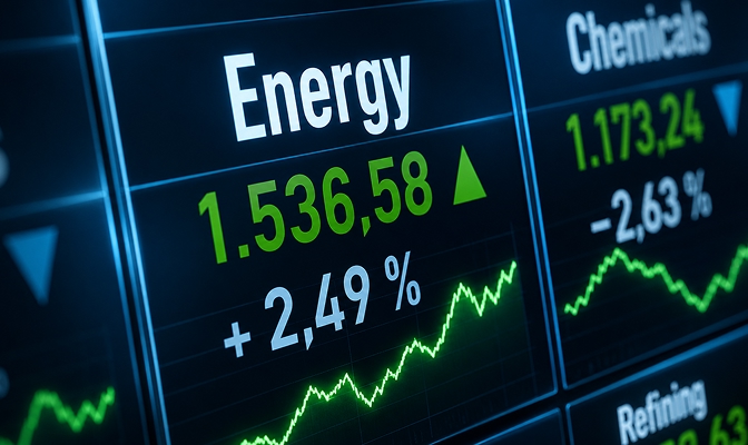 Na slici je digitalni prikaz tržišnih podataka sa grafikonima i brojčanim vrijednostima. U prvom planu vidljiv je naziv „Energy“, zelena linija grafikona i prikaz rasta vrijednosti, dok su u pozadini prikazani dodatni podaci i grafikoni na ekranu.
